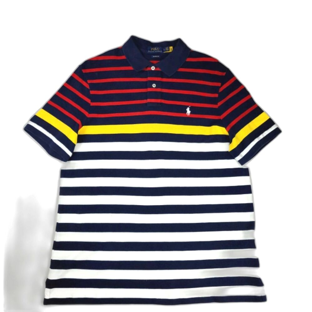 Polo Ralph Lauren Men’s Striped Cotton Knit Polo Shirt Navy Red